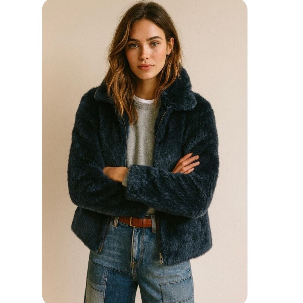 Michael Kors Midnight Faux Fur Zip Up Jacket Medium Boho Chic French Girl Chic